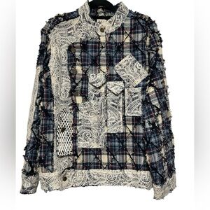 POL Boho Plaid Patchwork Lace Shacket Jacket Oversized L